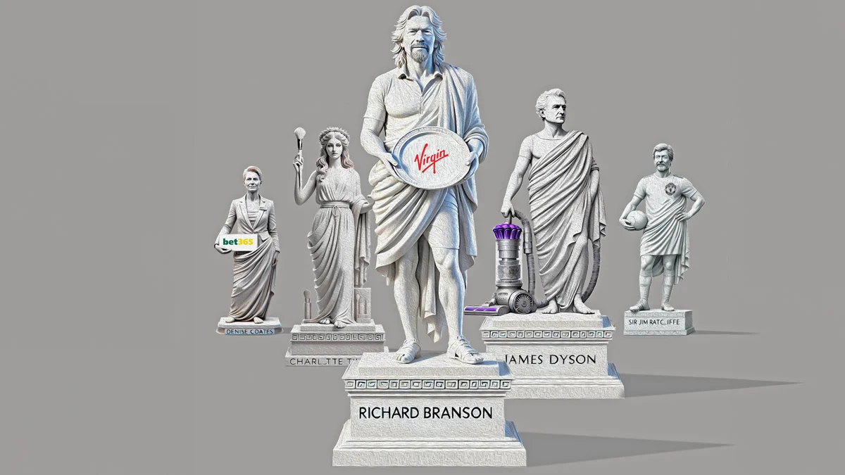 Statues of Richard Branson, Charlotte Tilbury, Denise Coates, James Dyson and Jim Ratcliffe
