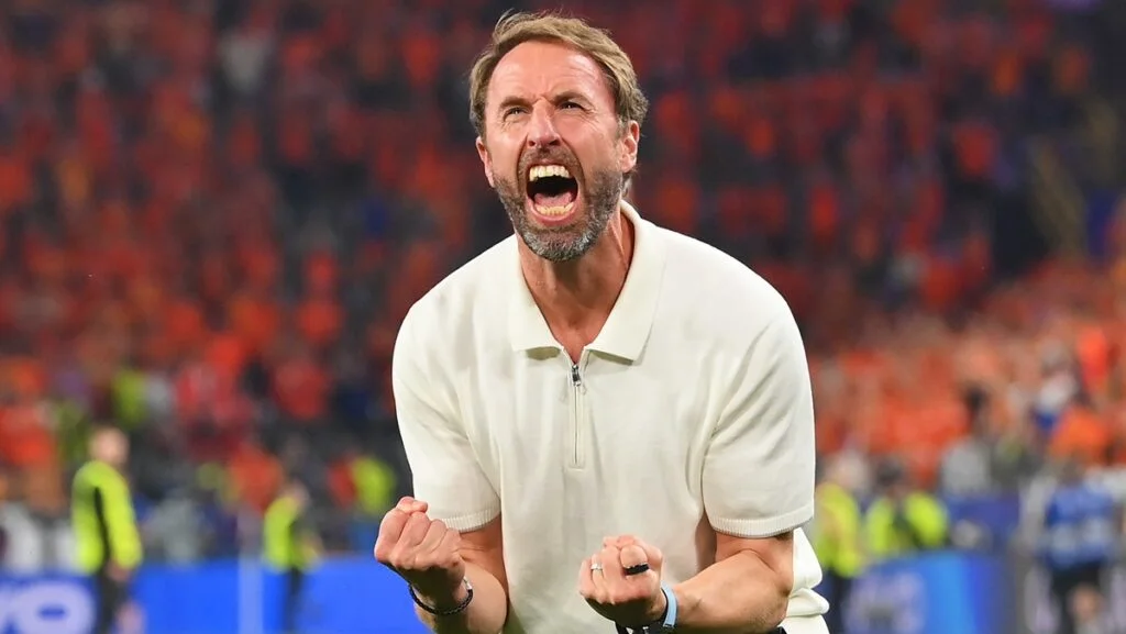 Gareth Southgate, Head Coach of England, celebrates after the team's victory in the UEFA EURO 2024 semi-final match between Netherlands and England at Football Stadium Dortmund