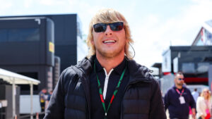 Paddy The Baddy Pimblett smiling during the F1 Grand Prix of Great Britain at Silverstone Circuit on July 9, 2023 in Northampton, United Kingdom