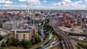 Aerial panorama of Leeds railway station and surrounding area
