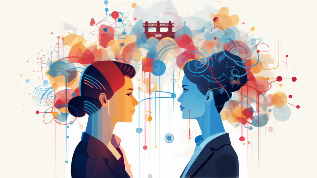 Flat design of two businesswomen facing each others with ideas in their heads, team working or brainstorming illustration concept