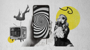 Illustration of someone falling, Madonna and a phone v2