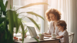 Mother working from home on her laptop while taking care of her child at home