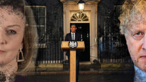 Rishi Sunak at the podium with Liz Truss and Boris Johnson's images to his left and right