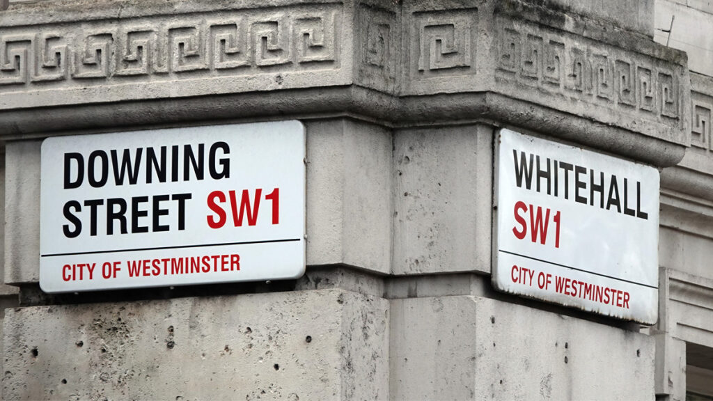 Street name signs at the junction of Downing Street and Whitehall in London, SW1