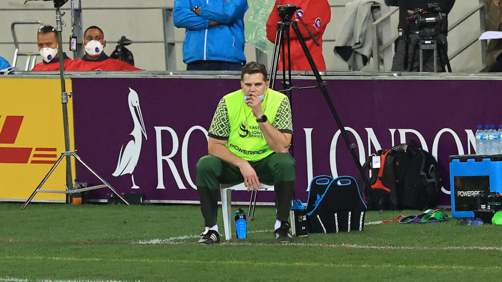 Rassie Erasmus looks on from the bench during the 3rd test match between the South Africa and the British and Irish Lions at Cape Town Stadium