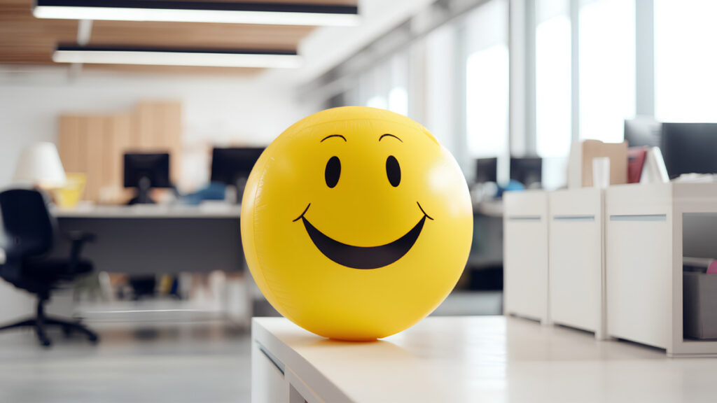Positivity in the workplace demonstrated by a yellow smiling ball in the office interior